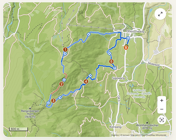 Komoot-Karte der Wanderrunde von Ofterschwang aufs Rangiswanger Horn