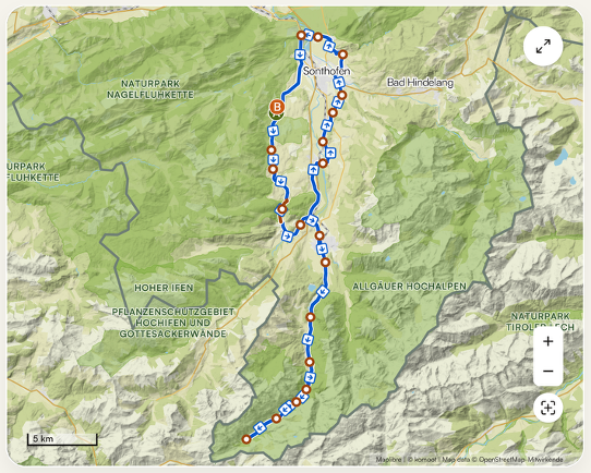 Komoot-Karte der Rennradrunde von Ofterschwang nach Oberstdorf